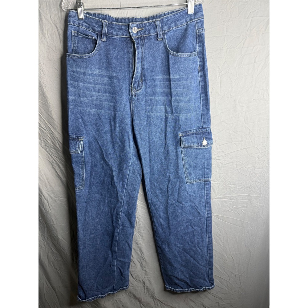 SHEIN Blue Denim Cargo Jeans Straight Leg High Waisted Utility Pants Large
